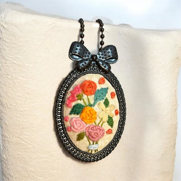 Bright Botanical Embroidery Necklace, Handmade Floral Pendant / Broach - Picture 2 of 2